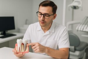 A dentist is explaining the parts of a dental implant, pointing to a model showcasing the post, abutment, and crown. The background includes a modern dental office setting to highlight a consultation about dental plants. No text on image.