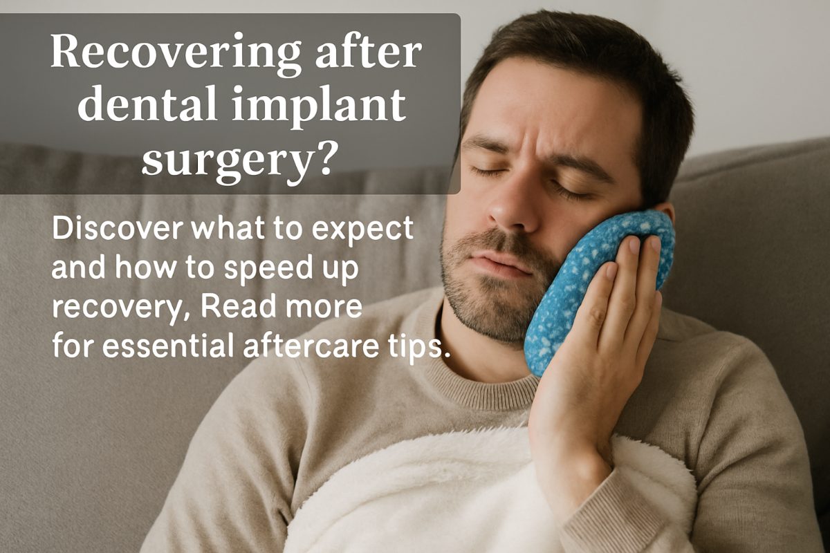 Image of a patient resting comfortably in a dental chair after dental implant surgery, with a blanket and pillow, looking relaxed. No text on image.