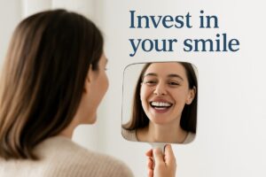 A person is happily looking in the mirror at their new smile after having porcelain veneers placed. The text says "Invest in your smile".