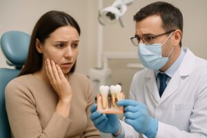 A concerned patient sits in a dental chair, listening as a dentist explains the potential risks and complications associated with dental implants using a model. No text on image.