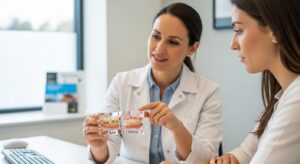 Dentist consulting patient about veneer quality in a modern dental office