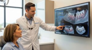 Periodontist explaining gum disease using a dental scan